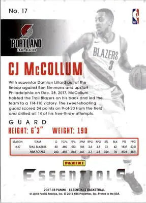 Basketball card featuring CJ McCollum from 2017-18 Panini Essentials Portland Trail Blazers