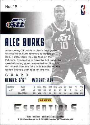 Alec Burks 2017-18 Panini Essentials card for Utah Jazz in NM-MT condition