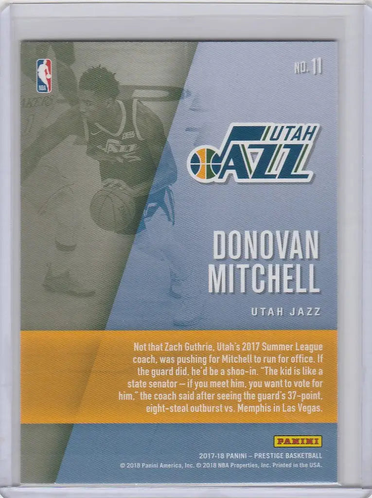 Donovan Mitchell Utah Jazz basketball trading card 2017-18 Panini Prestige #11