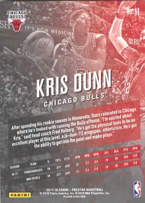 Kris Dunn Chicago Bulls NBA Basketball Card 2017-18 Prestige #11 in NM-MT condition