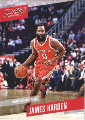 James Harden in action for the Houston Rockets on a 2017-18 Prestige basketball card