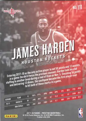 James Harden Houston Rockets NBA basketball card 2017-18 Prestige #111 NM-MT condition