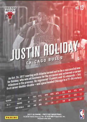 Justin Holiday Chicago Bulls 2017-18 Prestige #13 Basketball Card NM-MT