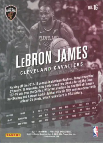 LeBron James 2017-18 Prestige Cleveland Cavaliers NBA Basketball Card NM-MT