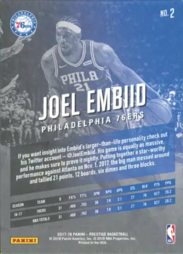 Joel Embiid Philadelphia 76ers basketball card 2017-18 Prestige #2 NM-MT condition