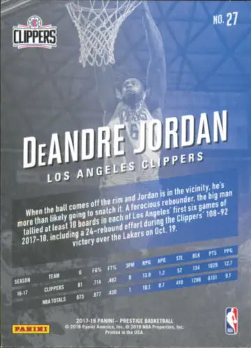 DeAndre Jordan 2017-18 Prestige #27 basketball card for Los Angeles Clippers fans