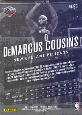 2017-18 Prestige #98 DeMarcus Cousins New Orleans Pelicans NBA Basketball card