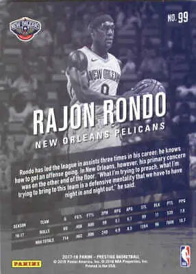 Rajon Rondo 2017-18 Prestige #99 New Orleans Pelicans NBA Basketball Card NM-MT