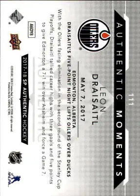 Hockey card back of 2017-18 SP Authentic Leon Draisaitl Edmonton Oilers collectible