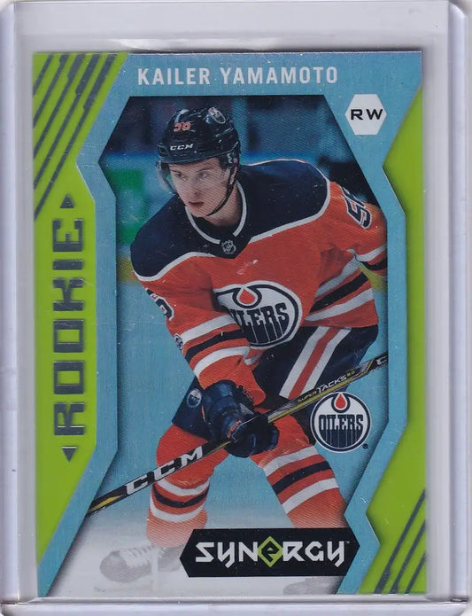 Hockey trading card of Kailer Yamamoto from Edmonton Oilers Synergy Green series