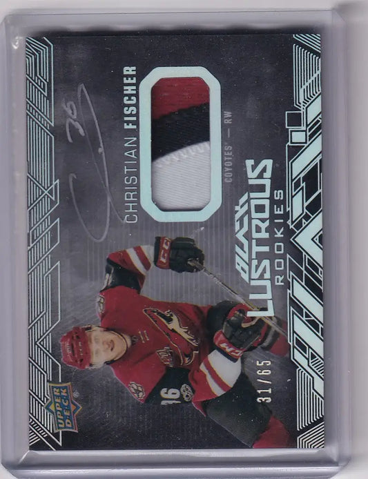 Hockey trading card of Christian Fischer in red jersey from Upper Deck Black Lustrous Auto