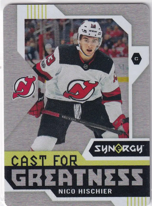 Hockey trading card of Nico Hischier from Upper Deck Cast for New Jersey Devils