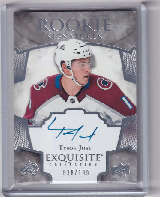 Hockey trading card of Tyson Jost Colorado Avalanche with Upper Deck Exquisite autograph