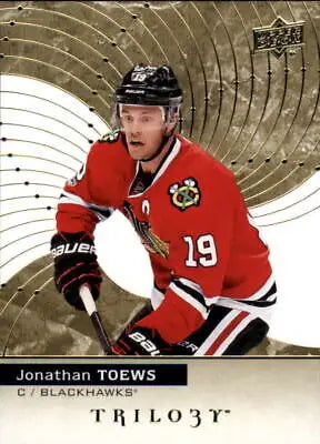 Hockey player card featuring 2017-18 Upper Deck Trilogy Jonathan Toews Chicago Blackhawks