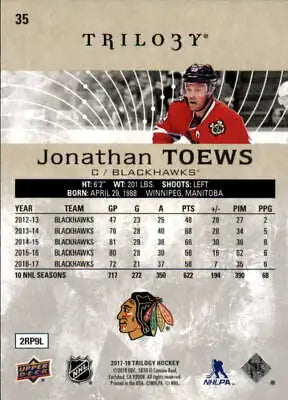 Back of 2017-18 Upper Deck Trilogy #35 Jonathan Toews Chicago Blackhawks Hockey Card