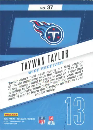 Football card back of 2017 Absolute Rookie Roundup #37 Taywan Taylor Tennessee Titans