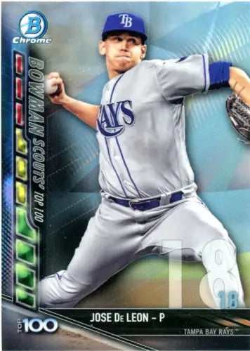 Baseball card of Jose De Leon from 2017 Bowman Chrome Scouts Top 100 Refractors