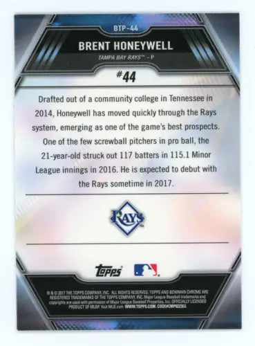 Baseball card back of 2017 Bowman Chrome Scouts Top 100 Refractors Brent Honeywell Rays