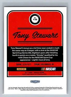 Tony Stewart trading card from 2017 Donruss #136, perfect for collectors and fans