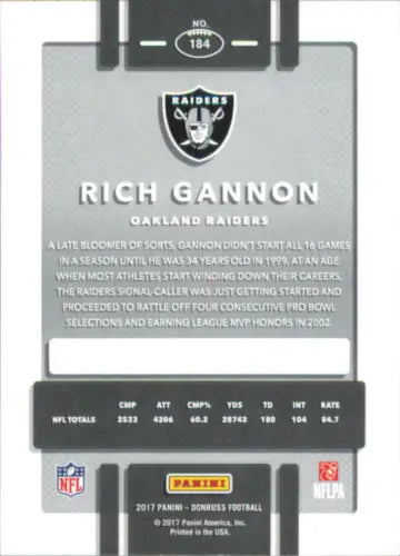 Rich Gannon Oakland Raiders NFL Football Card from 2017 Donruss #184 in NM-MT condition