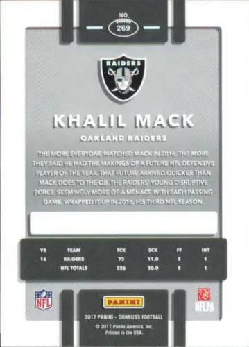 Khalil Mack Oakland Raiders football card 2017 Donruss #269 NM-MT collectible item