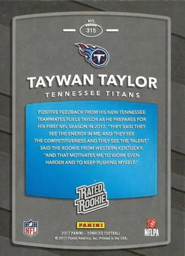 Taywan Taylor football card 2017 Donruss NM-MT Titans Rated Rookie original gloss