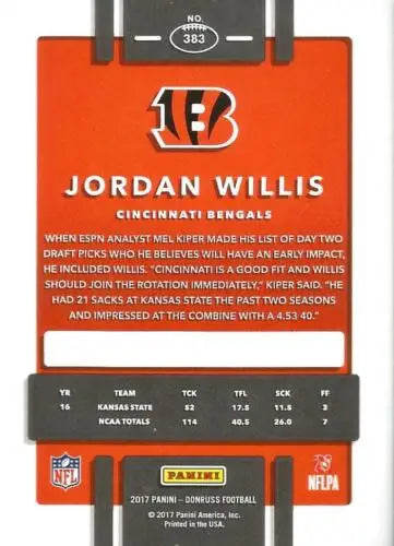 Jordan Willis 2017 Donruss Rookie Card NM-MT Bengals with original gloss finish