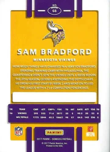 Sam Bradford football card from 2017 Donruss with original gloss featuring Vikings