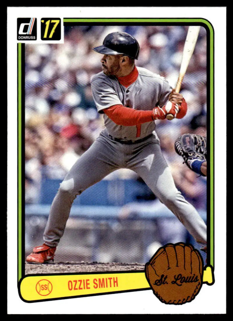 Ozzie Smith at bat in gray uniform on 2017 Donruss St. Louis Cardinals baseball card