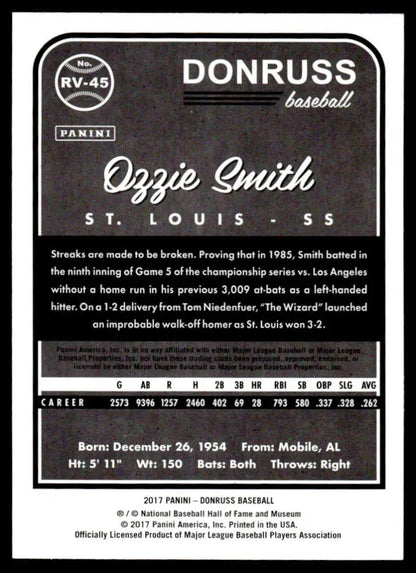 Black and white baseball card featuring Ozzie Smith of the St. Louis Cardinals