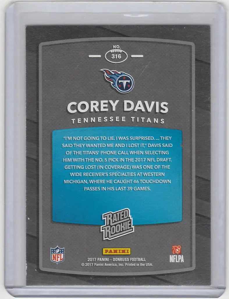 Football trading card of Corey Davis Tennessee Titans from Panini Donruss 2017