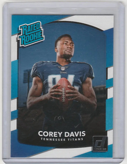 Football trading card of Corey Davis Tennessee Titans wide receiver with a football