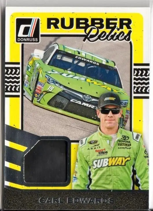 NASCAR trading card featuring Subway race car and race-used tire from Panini Donruss Racing