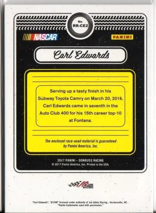 NASCAR trading card of Carl Edwards from 2017 Panini Donruss Racing Rubber Relics