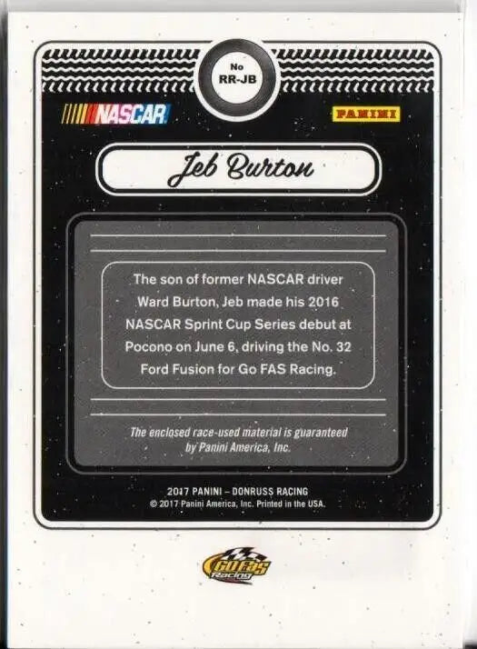 Back of Jeb Burton NASCAR trading card detailing biographical info from Panini Donruss Racing