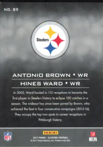 Football card back of 2017 Panini Illusions #89 featuring Antonio Brown and Hines Ward