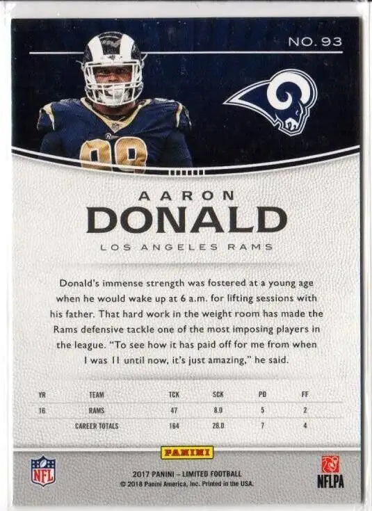 NFL trading card of Aaron Donald from 2017 Panini Limited Silver Spotlight /99 Rams