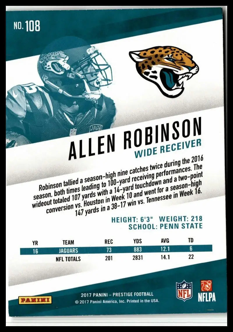 Allen Robinson 2017 Panini Prestige #108 football card featuring Jacksonville Jaguars