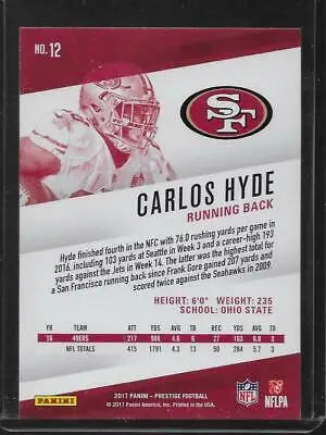 Carlos Hyde football card from 2017 Panini Prestige showcasing original gloss quality