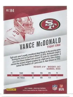 2017 Panini Prestige #144 Vance McDonald NM-MT card with original gloss details