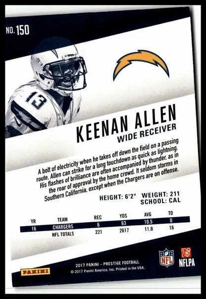 Keenan Allen 2017 Panini Prestige #150 card featuring Los Angeles Chargers star receiver