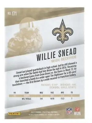 Willie Snead football card, 2017 Panini Prestige #171, original gloss, NM-MT Saints