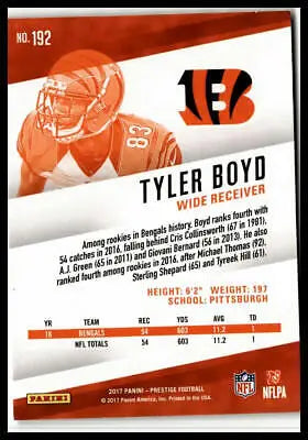 Tyler Boyd football card from 2017 Panini Prestige for Cincinnati Bengals fans