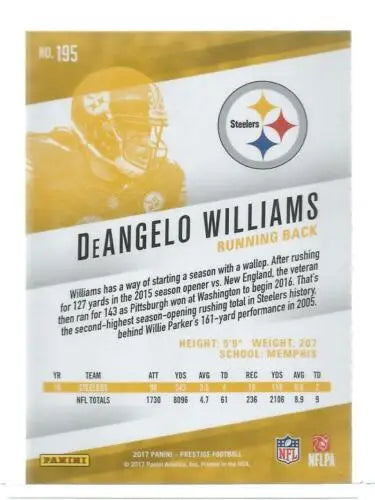 DeAngelo Williams football card 2017 Panini Prestige NM-MT Steelers original gloss