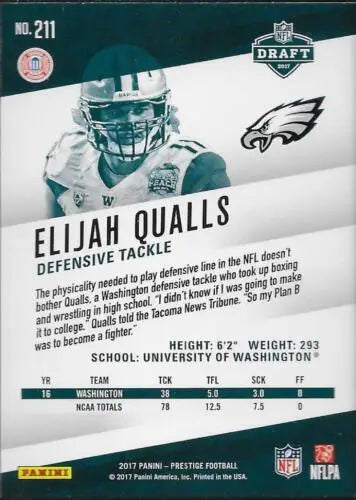 Elijah Qualls football card from 2017 Panini Prestige with original gloss