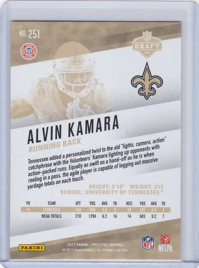 Football trading card of Alvin Kamara from Panini Prestige, New Orleans Saints