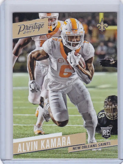 Football trading card of Alvin Kamara from the Orleans Saints in Panini Prestige