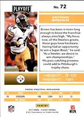 Antonio Brown Pittsburgh Steelers football card from 2017 Playoff #72 NM-MT condition