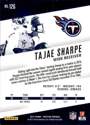 Tajae Sharpe Tennessee Titans football card from 2017 Prestige #126 NM-MT condition