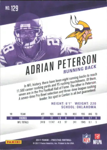 Adrian Peterson Minnesota Vikings NFL football card 2017 Prestige #129 in NM-MT condition